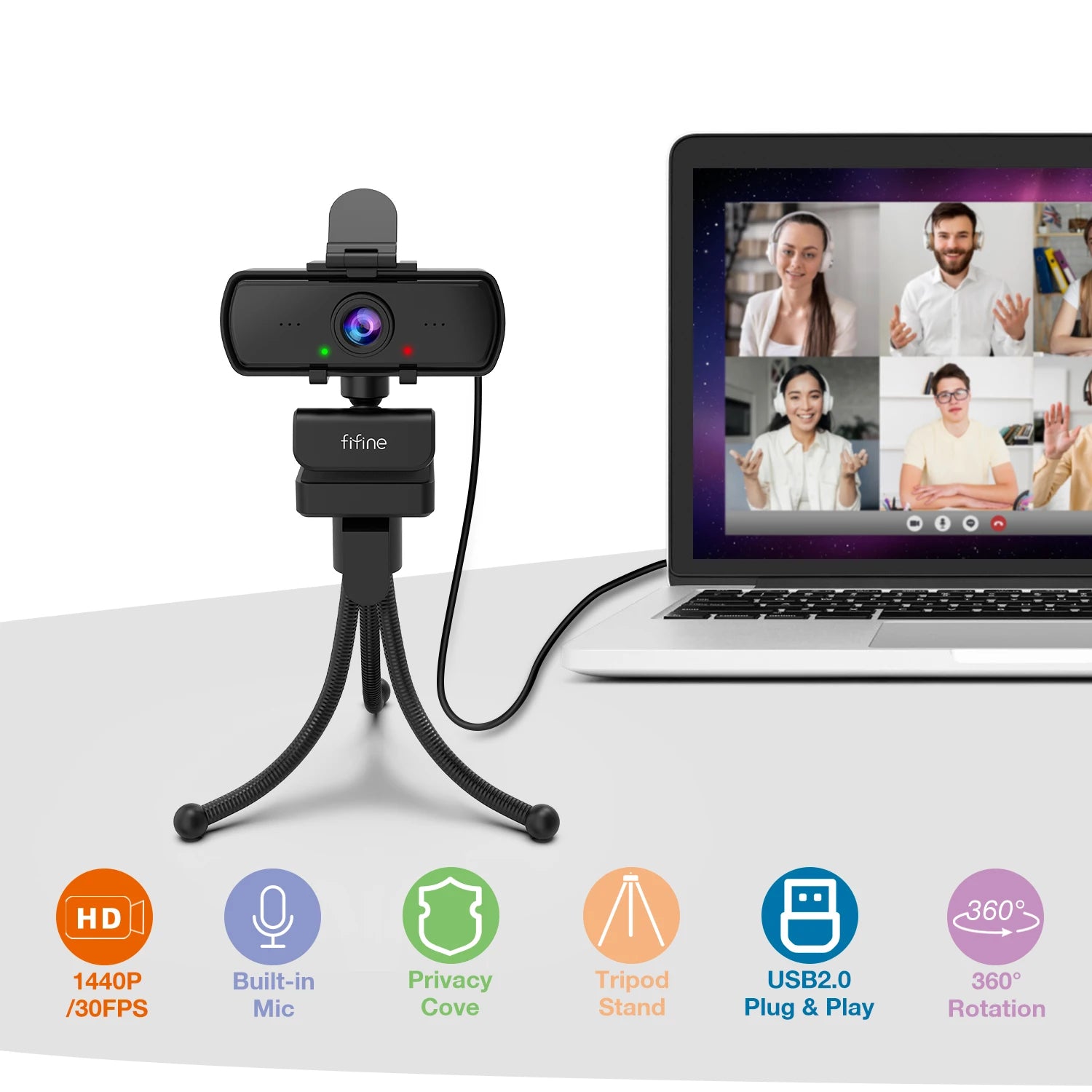 FIFINE 1440p HD Webcam with Microphone & Tripod - Live Streaming & Video Calls