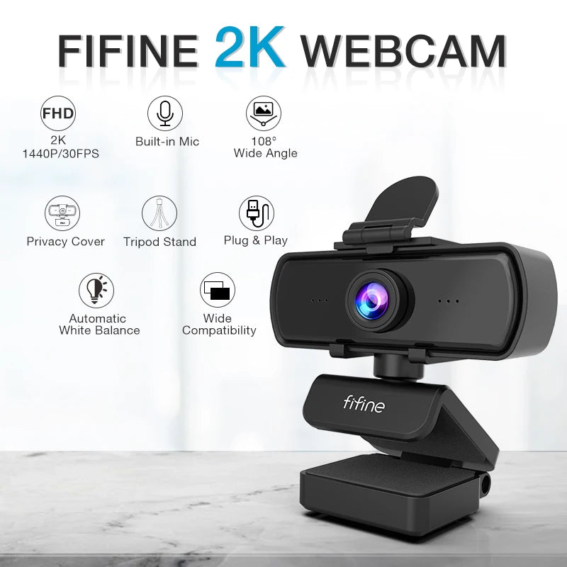 FIFINE 1440p HD Webcam with Microphone & Tripod - Live Streaming & Video Calls